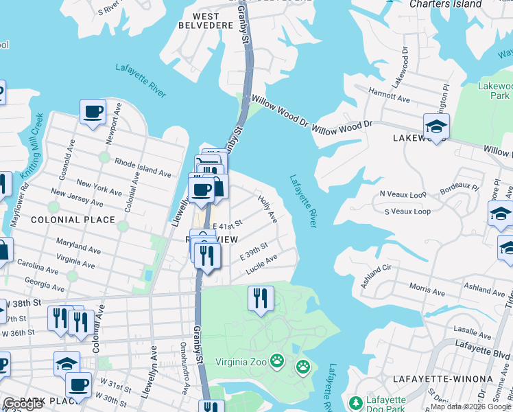 map of restaurants, bars, coffee shops, grocery stores, and more near 4101 Holly Avenue in Norfolk