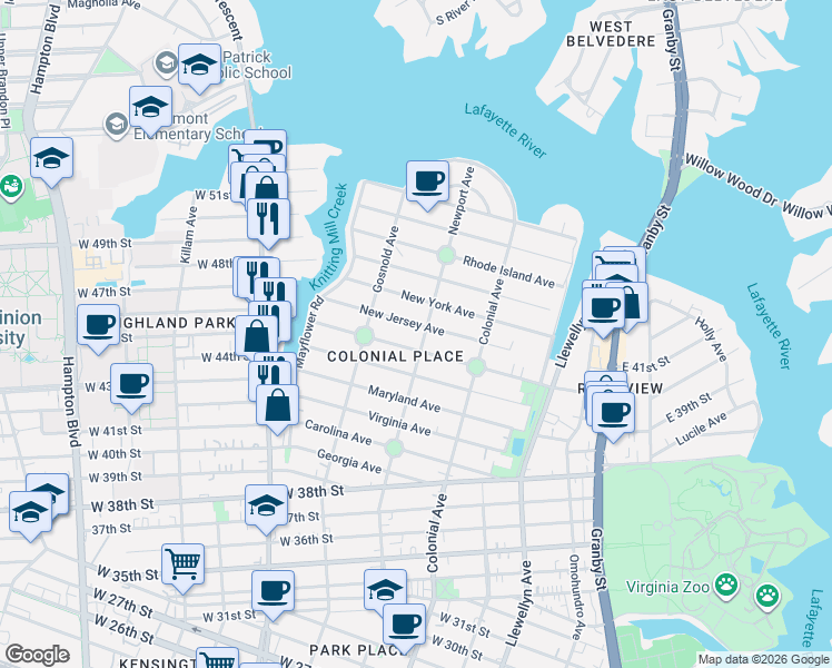 map of restaurants, bars, coffee shops, grocery stores, and more near 4516 Newport Avenue in Norfolk
