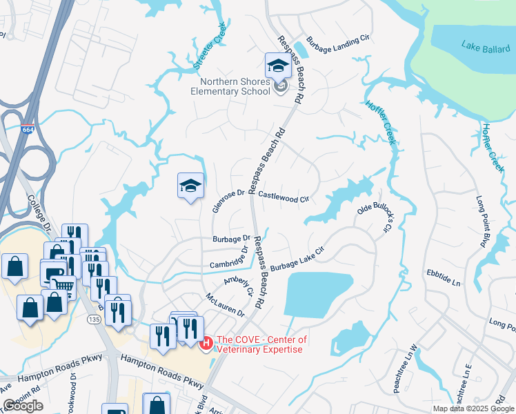 map of restaurants, bars, coffee shops, grocery stores, and more near 6304 Sentry Way North in Suffolk