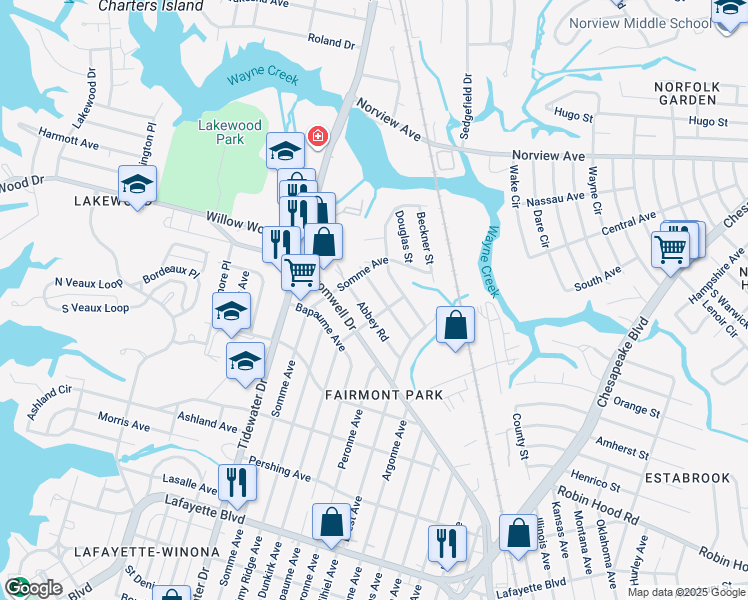 map of restaurants, bars, coffee shops, grocery stores, and more near 2111 Willow Wood Drive in Norfolk