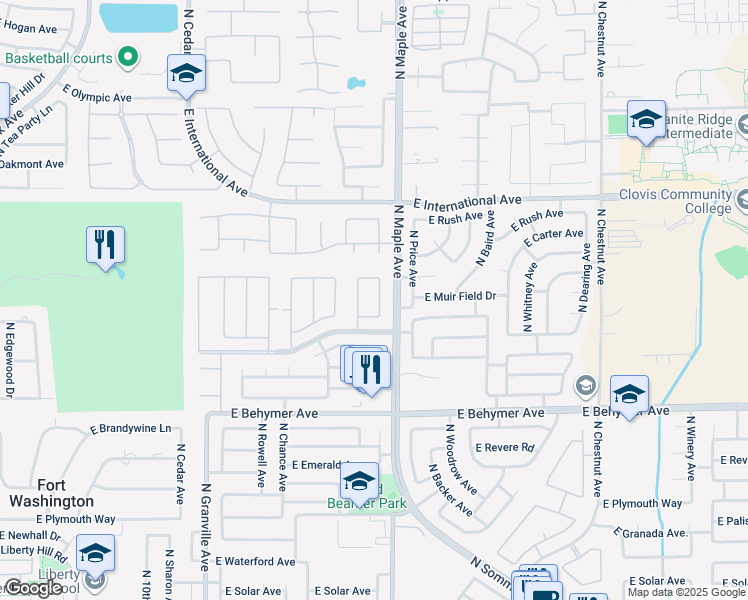 map of restaurants, bars, coffee shops, grocery stores, and more near 10458 North Sinclair Circle in Fresno