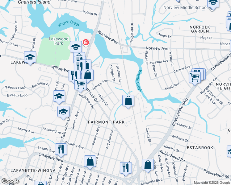 map of restaurants, bars, coffee shops, grocery stores, and more near 2202 Silbert Road in Norfolk
