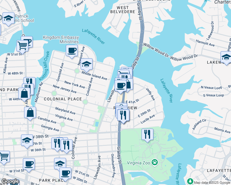map of restaurants, bars, coffee shops, grocery stores, and more near 4126 Llewellyn Avenue in Norfolk