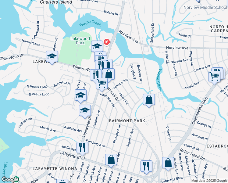 map of restaurants, bars, coffee shops, grocery stores, and more near 2102 Cromwell Dr in Norfolk