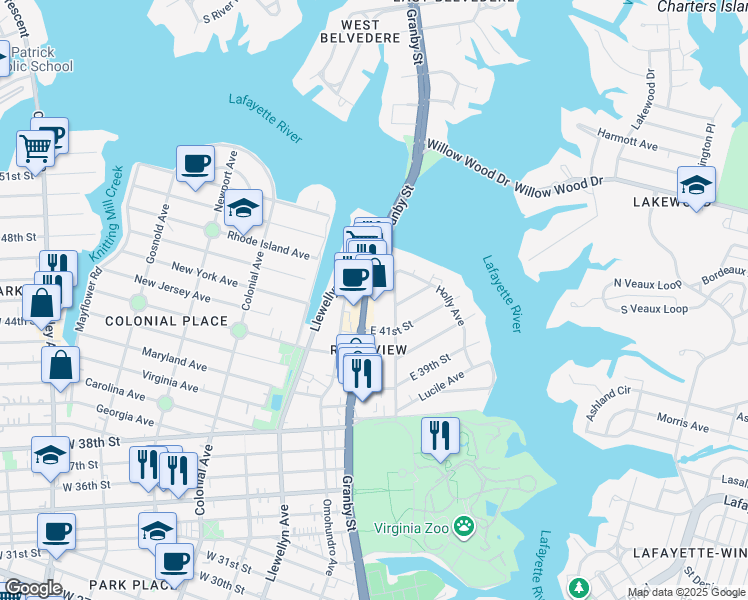 map of restaurants, bars, coffee shops, grocery stores, and more near 4126 Granby Street in Norfolk