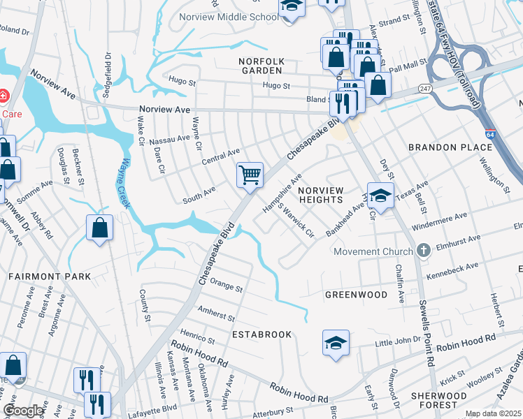 map of restaurants, bars, coffee shops, grocery stores, and more near 4550 Hampshire Avenue in Norfolk