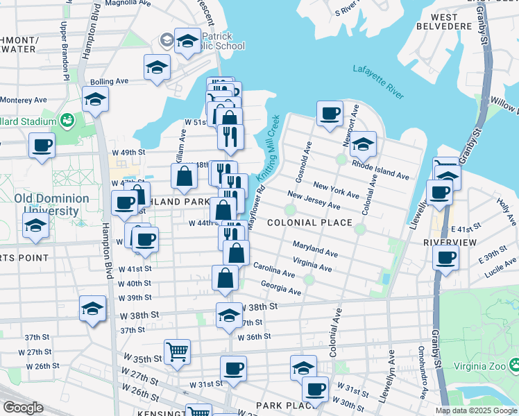 map of restaurants, bars, coffee shops, grocery stores, and more near 4410 Mayflower Road in Norfolk