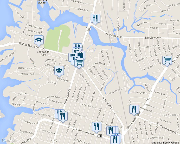 map of restaurants, bars, coffee shops, grocery stores, and more near 2105 Abbey Road in Norfolk