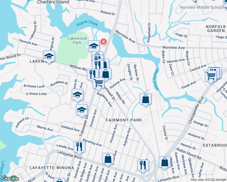 map of restaurants, bars, coffee shops, grocery stores, and more near 2105 Abbey Road in Norfolk