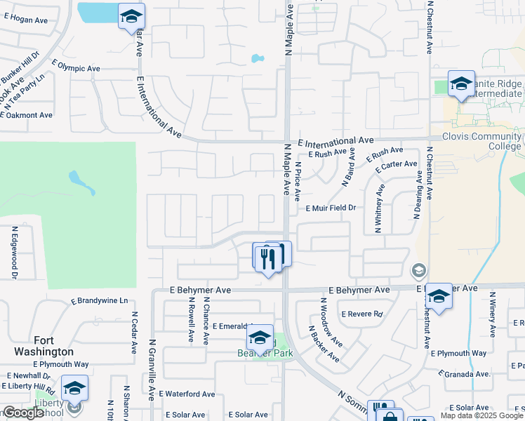 map of restaurants, bars, coffee shops, grocery stores, and more near 10267 North Sinclair Circle in Fresno