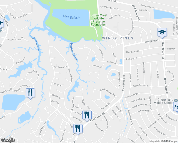 map of restaurants, bars, coffee shops, grocery stores, and more near 26 Blue Heron Point in Portsmouth