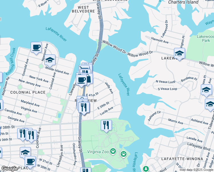 map of restaurants, bars, coffee shops, grocery stores, and more near 4101 Holly Avenue in Norfolk