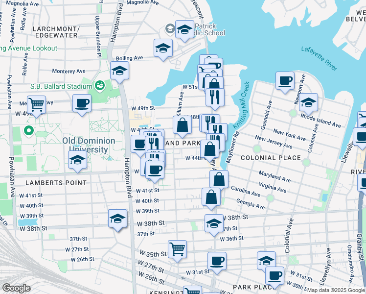map of restaurants, bars, coffee shops, grocery stores, and more near 850 West 45th Street in Norfolk