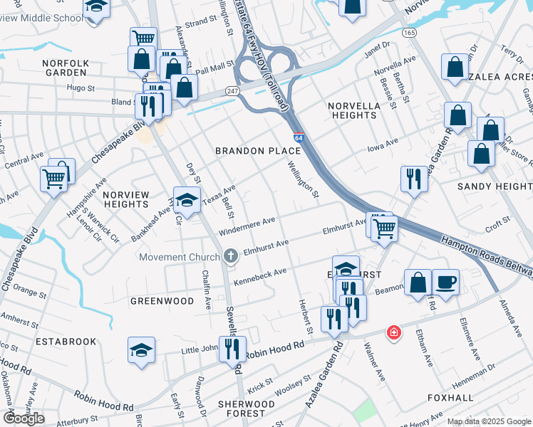 map of restaurants, bars, coffee shops, grocery stores, and more near 4878 Windermere Ave in Norfolk