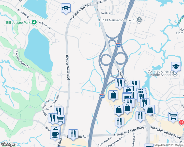 map of restaurants, bars, coffee shops, grocery stores, and more near 6958 Harbour View Boulevard in Suffolk