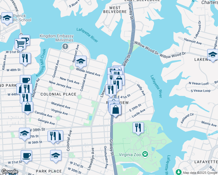 map of restaurants, bars, coffee shops, grocery stores, and more near 4126 Llewellyn Avenue in Norfolk