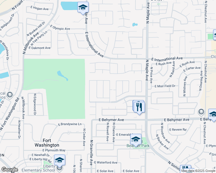 map of restaurants, bars, coffee shops, grocery stores, and more near 10270 North Rowell Avenue in Fresno