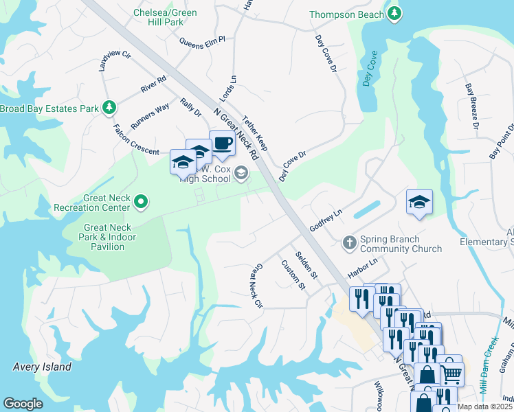 map of restaurants, bars, coffee shops, grocery stores, and more near 1504 Front Cove Court in Virginia Beach