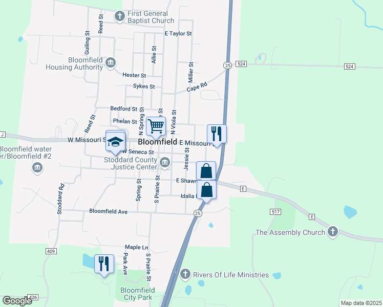 map of restaurants, bars, coffee shops, grocery stores, and more near 301 East Court Street in Bloomfield