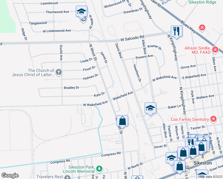 map of restaurants, bars, coffee shops, grocery stores, and more near 220 David Drive in Sikeston