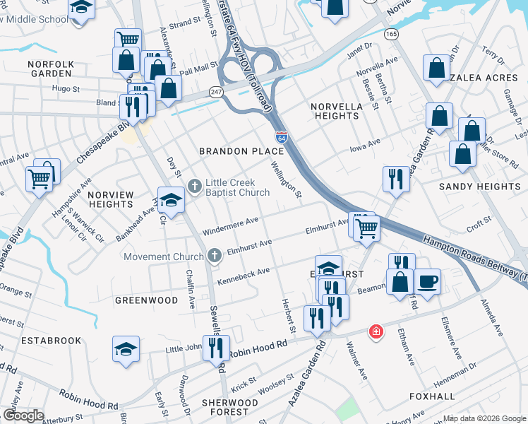 map of restaurants, bars, coffee shops, grocery stores, and more near 5113 Windermere Avenue in Norfolk