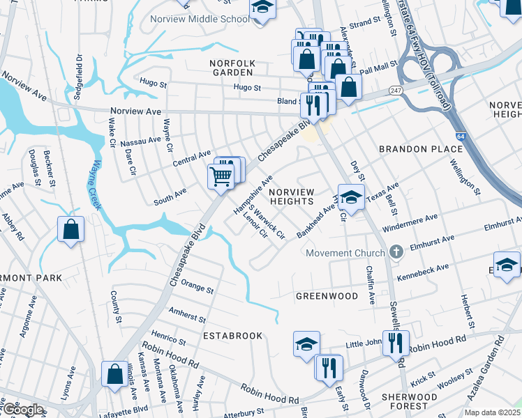 map of restaurants, bars, coffee shops, grocery stores, and more near 3616 South Warwick Circle in Norfolk