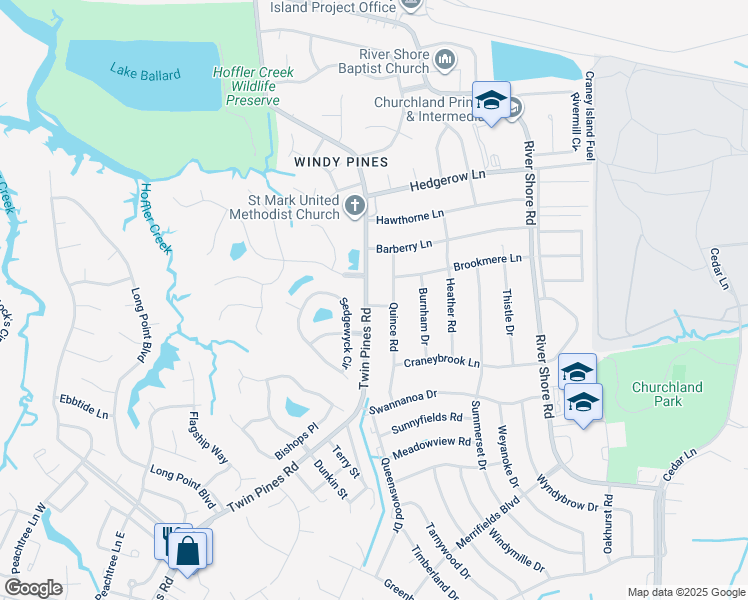 map of restaurants, bars, coffee shops, grocery stores, and more near 4301 Twin Pines Rd in Portsmouth
