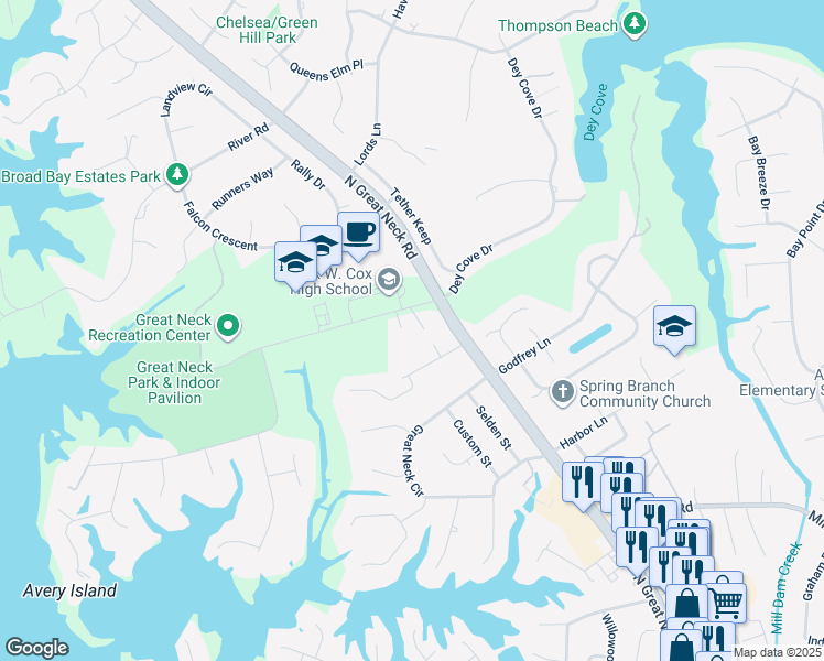 map of restaurants, bars, coffee shops, grocery stores, and more near 1504 Front Cove Court in Virginia Beach