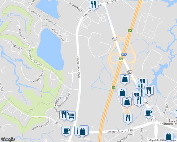 map of restaurants, bars, coffee shops, grocery stores, and more near 6900 Harbour View Boulevard in Suffolk