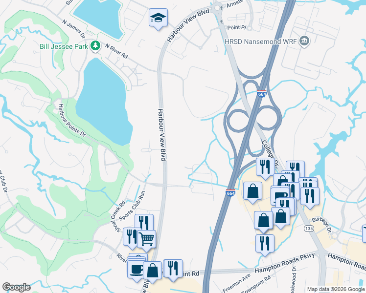 map of restaurants, bars, coffee shops, grocery stores, and more near 6900 Harbour View Boulevard in Suffolk