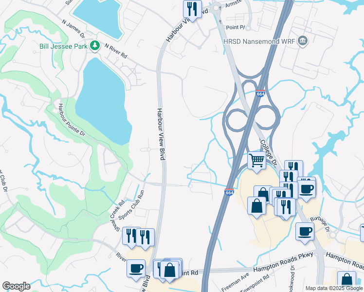 map of restaurants, bars, coffee shops, grocery stores, and more near 6900 Harbour View Boulevard in Suffolk