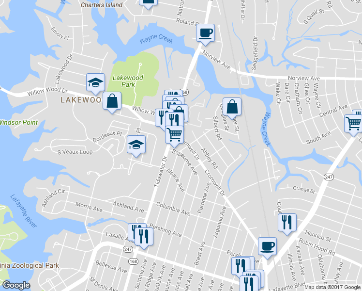 map of restaurants, bars, coffee shops, grocery stores, and more near 3530 Tidewater Drive in Norfolk