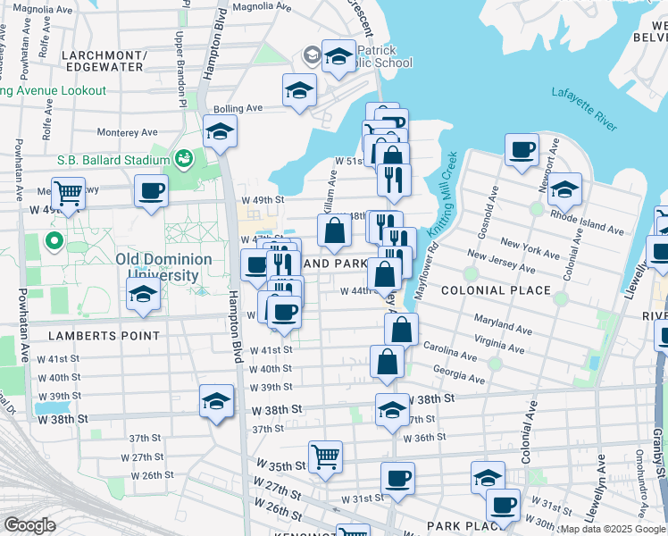 map of restaurants, bars, coffee shops, grocery stores, and more near 850 West 45th Street in Norfolk
