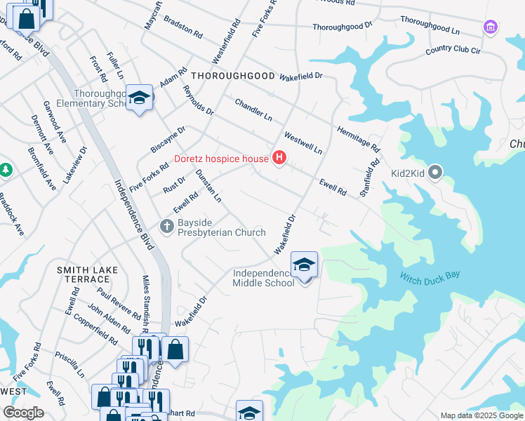 map of restaurants, bars, coffee shops, grocery stores, and more near 1369 Dunstan Lane in Virginia Beach