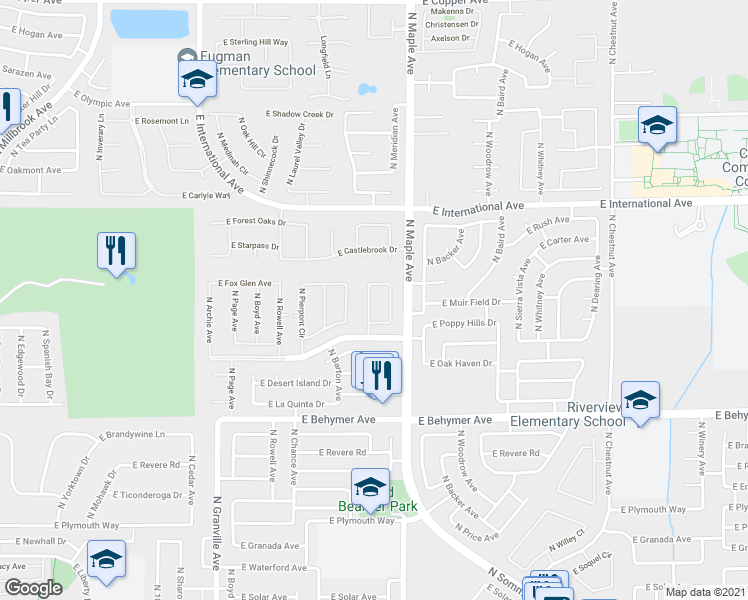 map of restaurants, bars, coffee shops, grocery stores, and more near 10285 North Sinclair Circle in Fresno