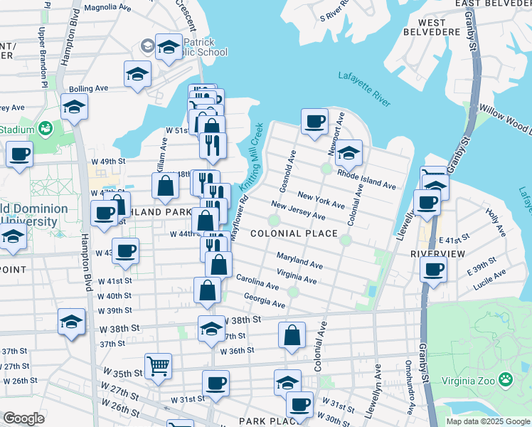 map of restaurants, bars, coffee shops, grocery stores, and more near 710 Delaware Avenue in Norfolk