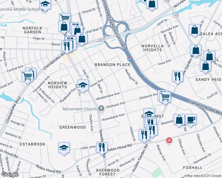 map of restaurants, bars, coffee shops, grocery stores, and more near 4878 Windermere Avenue in Norfolk