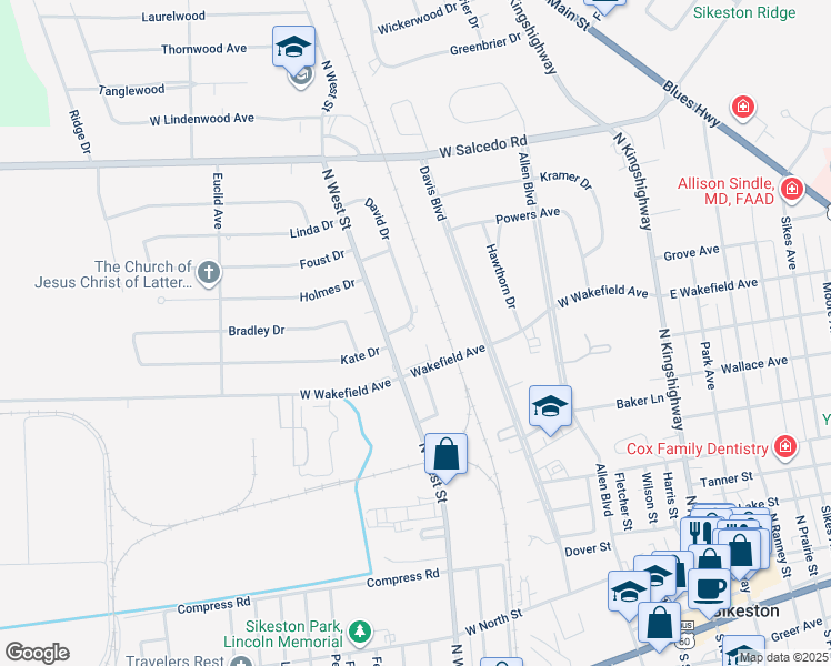 map of restaurants, bars, coffee shops, grocery stores, and more near 220 David Drive in Sikeston