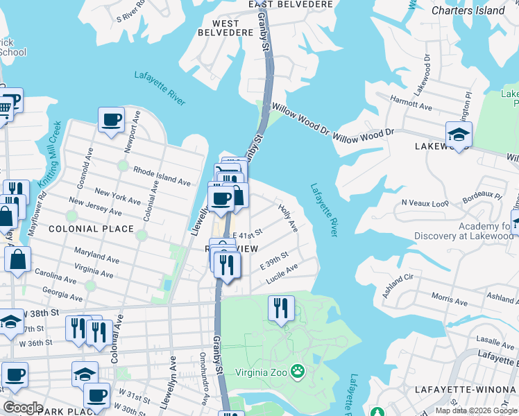 map of restaurants, bars, coffee shops, grocery stores, and more near 213 East 42nd Street in Norfolk