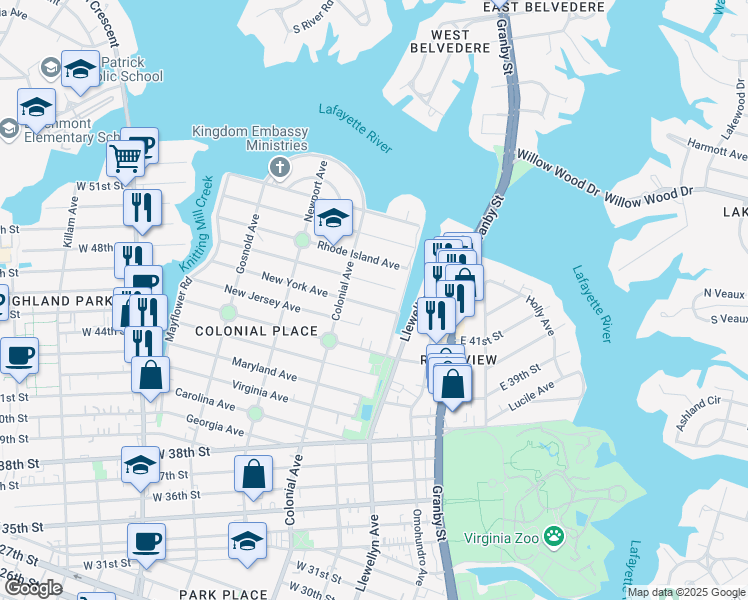 map of restaurants, bars, coffee shops, grocery stores, and more near 420 New York Avenue in Norfolk