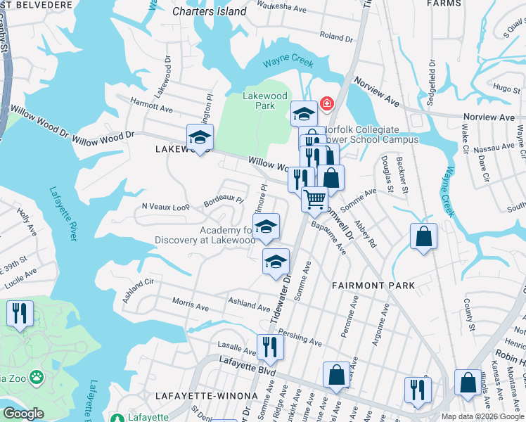 map of restaurants, bars, coffee shops, grocery stores, and more near 3511 Pomroy Avenue in Norfolk