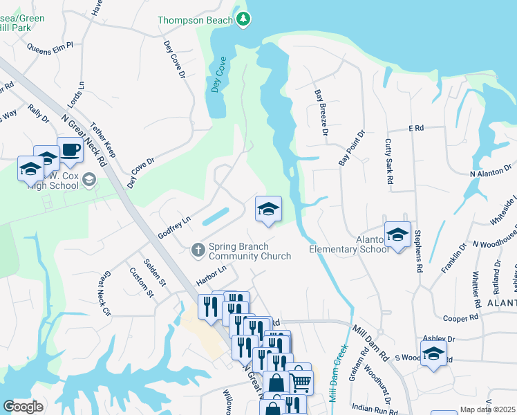 map of restaurants, bars, coffee shops, grocery stores, and more near 2233 Souverain Lane in Virginia Beach