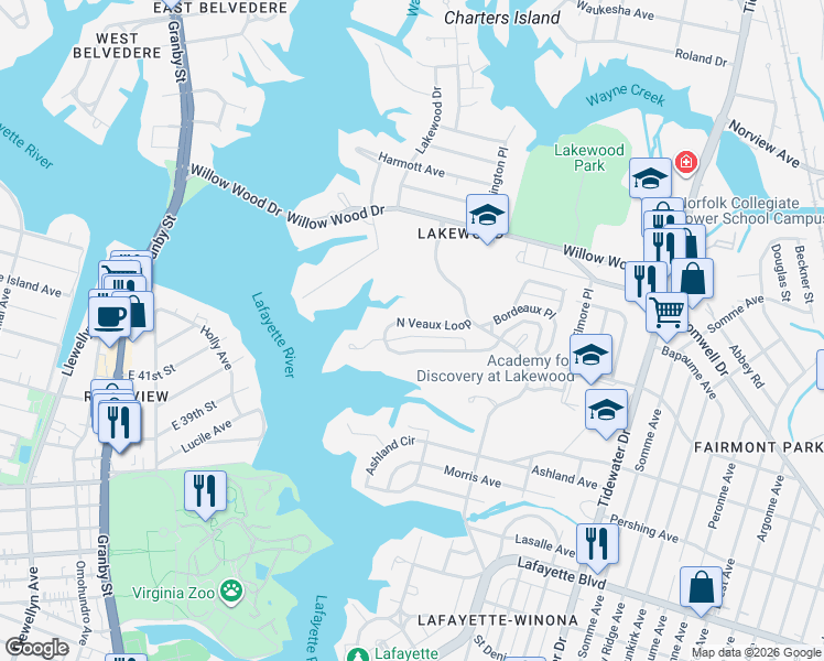 map of restaurants, bars, coffee shops, grocery stores, and more near 1416 South Veaux Loop in Norfolk
