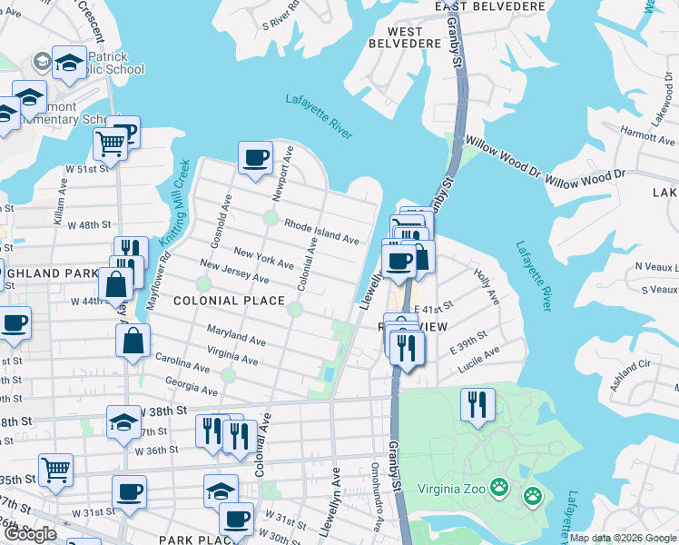 map of restaurants, bars, coffee shops, grocery stores, and more near 4703 Mayflower Road in Norfolk
