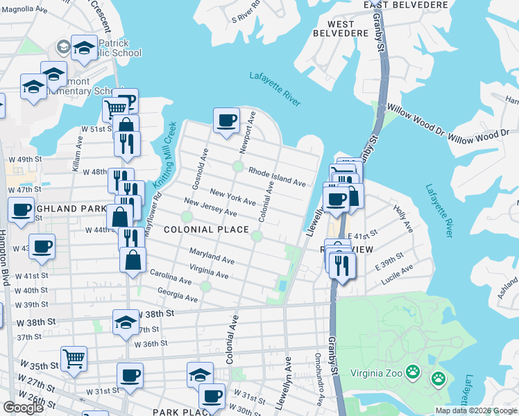 map of restaurants, bars, coffee shops, grocery stores, and more near 514 New Jersey Avenue in Norfolk
