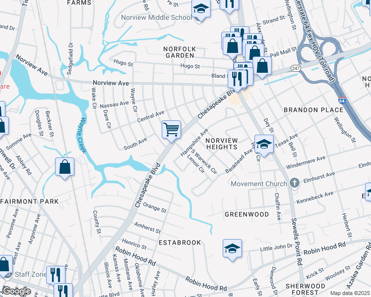 map of restaurants, bars, coffee shops, grocery stores, and more near 4566 Hampshire Avenue in Norfolk
