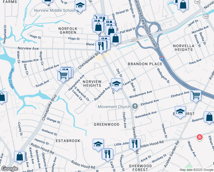 map of restaurants, bars, coffee shops, grocery stores, and more near 4650 Bankhead Avenue in Norfolk
