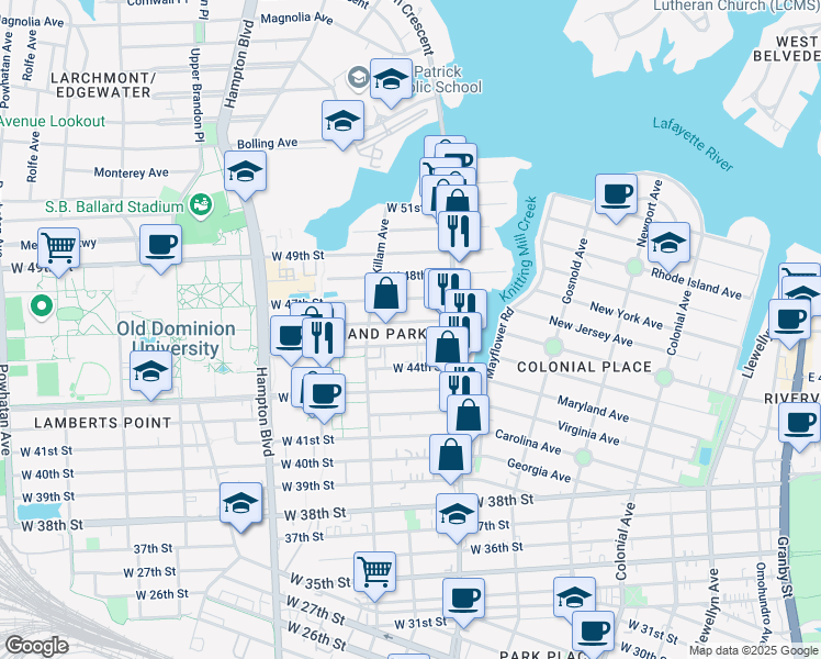 map of restaurants, bars, coffee shops, grocery stores, and more near 841 West 46th Street in Norfolk