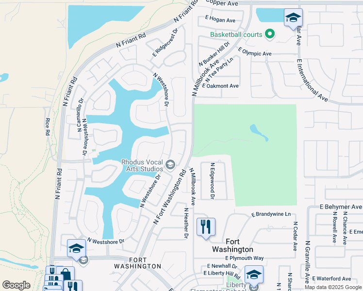 map of restaurants, bars, coffee shops, grocery stores, and more near 851 East Sparrow Court in Fresno