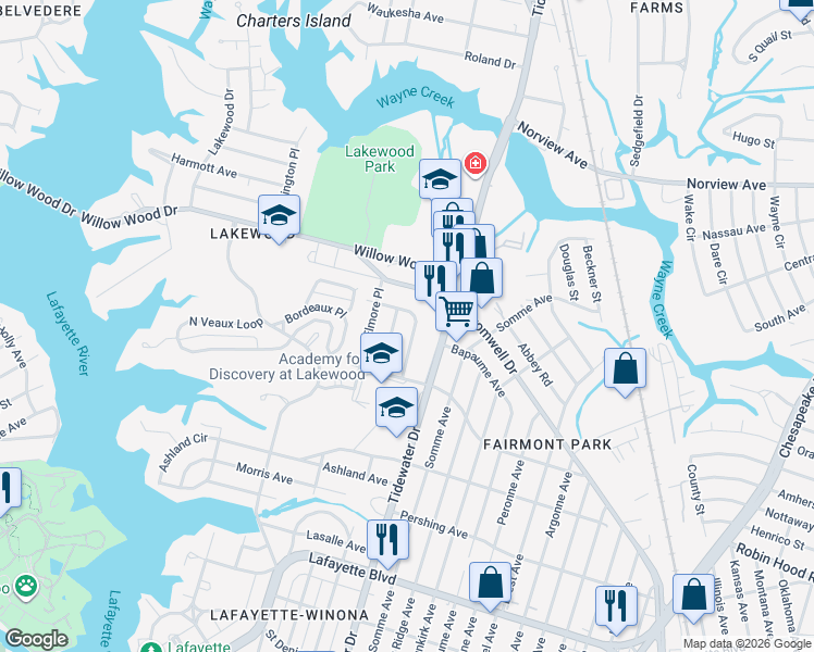 map of restaurants, bars, coffee shops, grocery stores, and more near 3514 Whitechapel Road in Norfolk